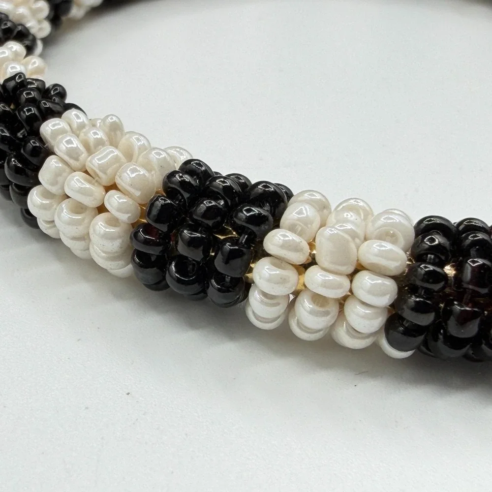 Black White Seed Bead Bangle Bracelet Boho Stretch Statement Handmade Gift Chic